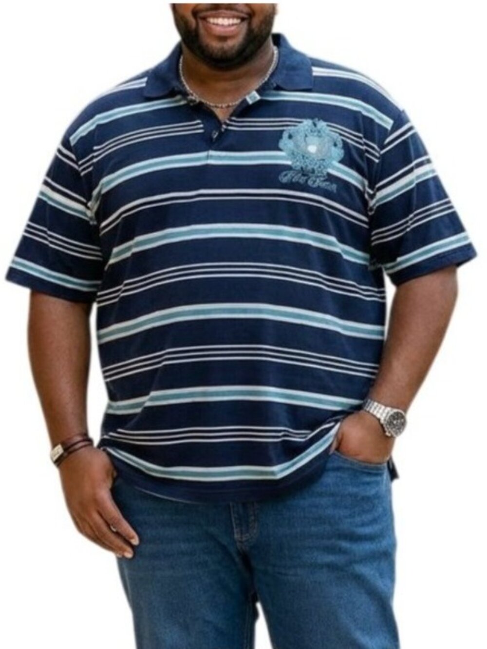 Phat Classic Mens Size 5X Polo Shirt Navy Blue & White Striped Short Sleeve